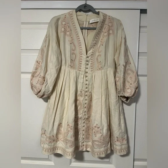 Zimmermann Estelle Embroidered Long Balloon Sleeve Linen Dress Bohemian Fairy - Picture 3 of 8